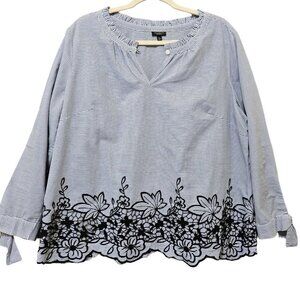 Talbots‎ Blouse Women Size 1XP 100% Cotton Blue White Embroidered Hem Tie Sleeve